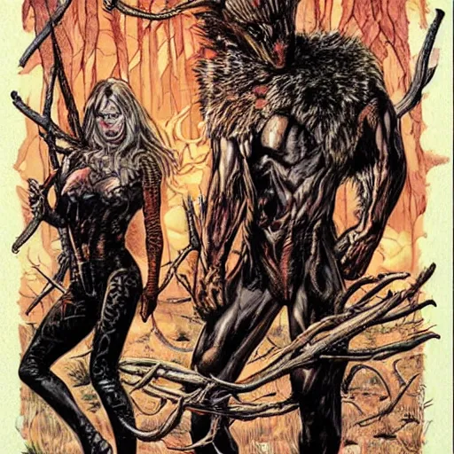 Image similar to sci - fi, hunters of monsters walking in a meat and bone forest, art by juan gimenez