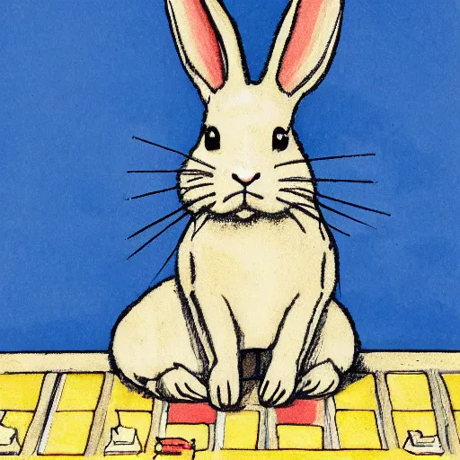 Prompt: a rabbit sitting on a chessboard, in the style of carl larsson