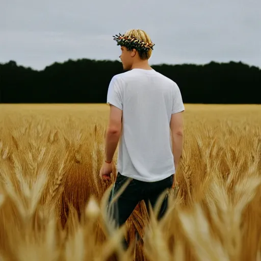 Prompt: kodak portra 4 0 0 photograph of a skinny blonde guy standing in a field of wheat, flower crown, back view, golden ratio, light leak, grain, moody lighting, telephoto, 9 0 s vibe, blurry background, vaporwave colors!, faded!,