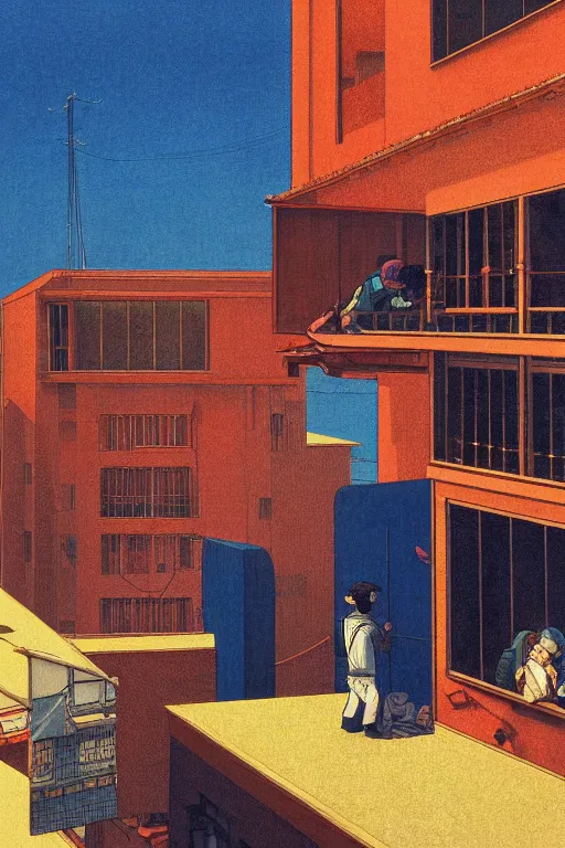 Image similar to workers exploited, living in hostels with bunk beds stacked on top of one another, by kawase hasui, moebius and edward hopper, colorful flat surreal design, hd, 8 k, artstation