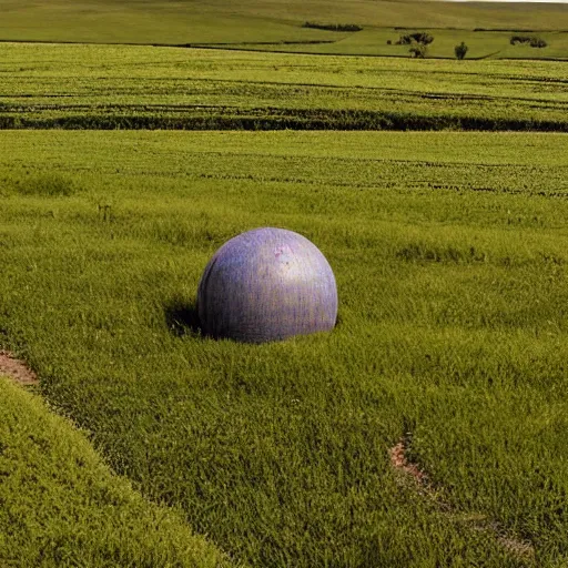 Image similar to a field with a house in the distance, a small stream flowing through the field, all inside a sphere