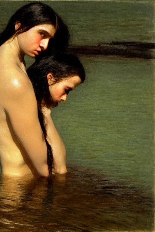 Prompt: young woman's face breaking the waters surface, long black hair, pale skin, symmetrical face, photorealism, 4k, dramatic lightning, by Thomas Eakins,