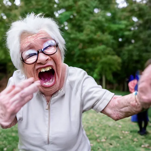Image similar to elderly woman screaming at an alien, canon eos r 3, f / 1. 4, iso 2 0 0, 1 / 1 6 0 s, 8 k, raw, unedited, symmetrical balance, wide angle