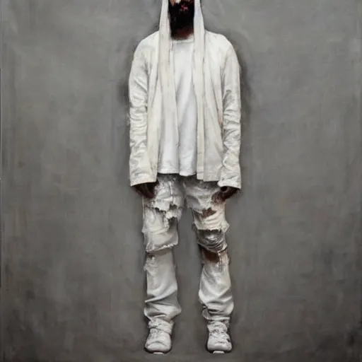 Image similar to a full body lookbook portrait of modern - day jesus wearing cream yeezy and fear of god menswear collection by nicola samori, detailed, oil painting, hyper - realistic, 8 k, yeezy collection
