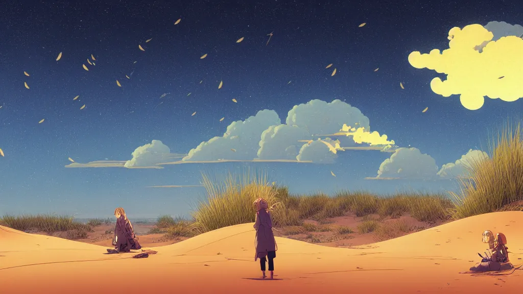 Prompt: highly detailed illustration of sand dunes with fireflies and and lots of cummulonimbus clouds by makoto shinkai, by moebius, by oliver vernon, by joseph moncada, by damon soule, by manabu ikeda, by kyle hotz, by dan mumford, by otomo, 4 k resolution