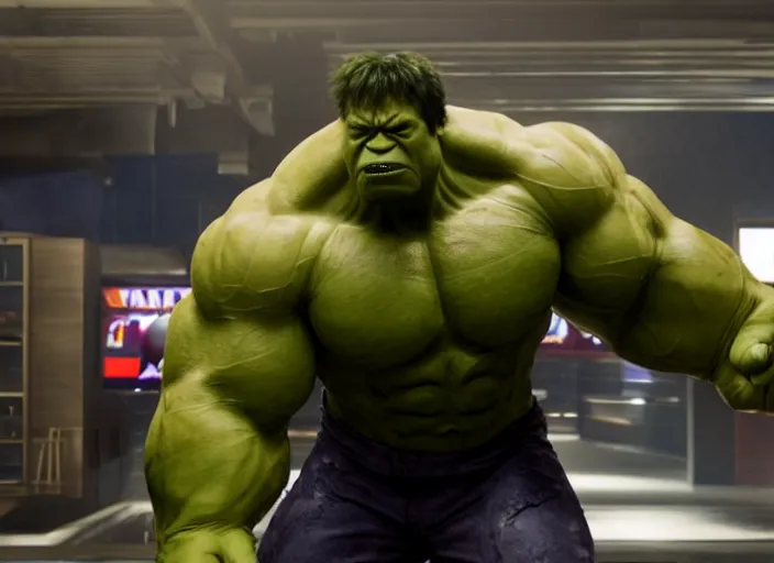 Image similar to film still of Hulk going bowling in Avengers Endgame, 4k