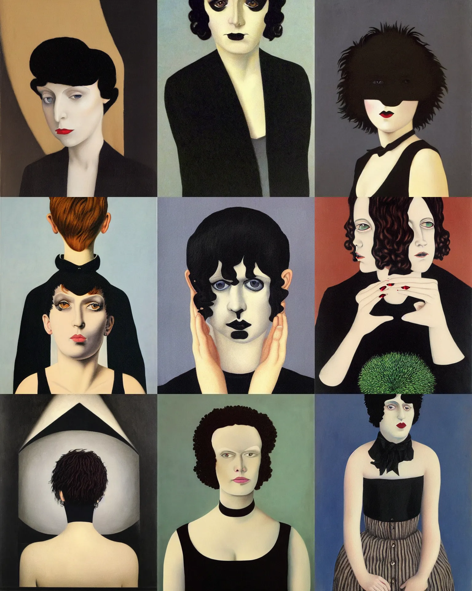 Prompt: A goth portrait painted by Rene Magritte. Her hair is dark brown and cut into a short, messy pixie cut. She has a slightly rounded face, with a pointed chin, large entirely-black eyes, and a small nose. She is wearing a black tank top, a black leather jacket, a black knee-length skirt, a black choker, and black leather boots.