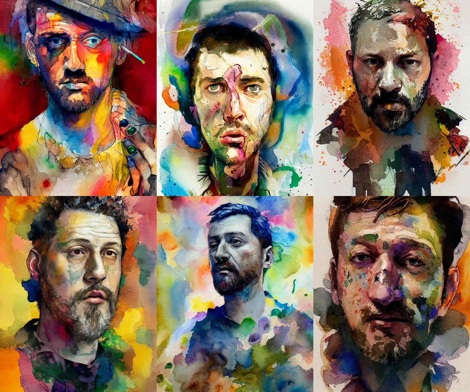 Prompt: portrait of an alcoholic, in the style of disco elysium, watercolor expressionism, artstation, trending, by aleksander rostov, jenny saville, rembrandt, alex kanevsky, wassily kandinsky, dave mckean