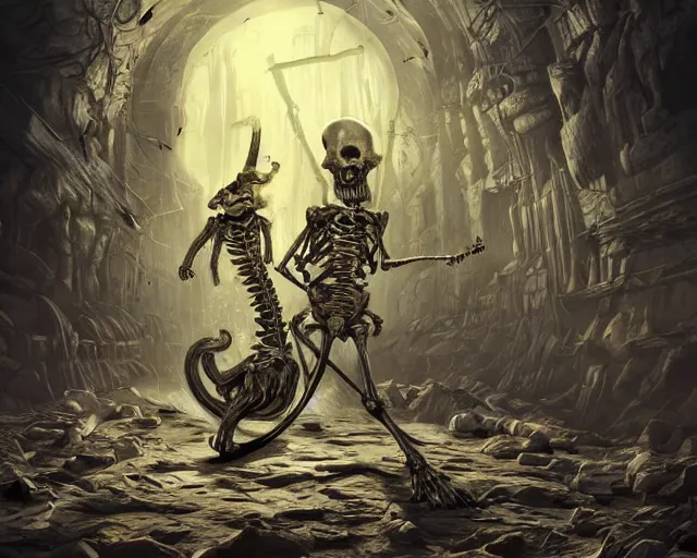 Image similar to an epic action concept masterpiece of demented skeletal cat and mouse, inspired by sd ai and hr giger, digital art, horrific cinematic lighting, 4 k