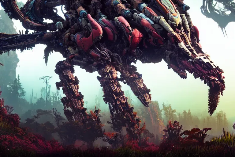 Image similar to wide epic shot. a hyper detailed organic mechanic creatuve realistic similar look as horizon forbidden west horizon zero dawn, bioluminiscence in a dark deep forest at dawn in spring, with reflection and textures, by kilian eng, substance painter reaslitic mech surface metal painted scratches, world env from horizon forbidden west horizon zero dawn