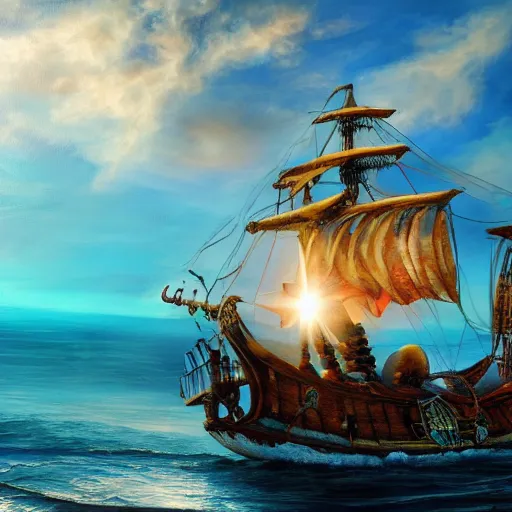 Prompt: Pirate Ship, sun in the background, ocean, trending on artstation, award winning, high resolution, 300 dpi, beautiful, volumetric lighting, blue sky, turquoise water, highly detailed, masterpeice, oil painting