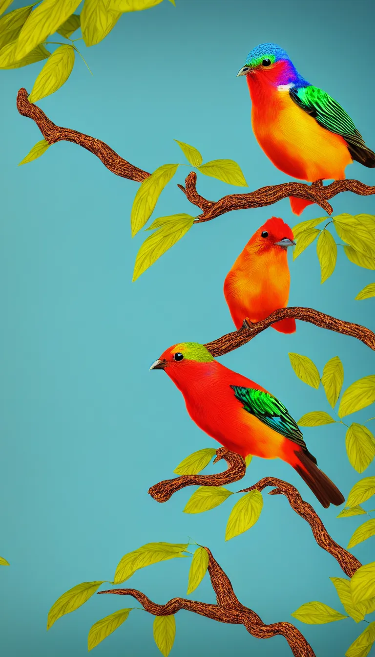 Prompt: highly detailed photo of beautiful colorful bird sitting on small tree, hyper realistic, concept art, 8 k detail post - processing