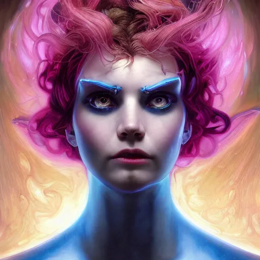 Prompt: Masterpiece head and shoulders portrait of Fiora from League of Legends of Arcane animated Series as demon with glowing eyes with pink and blue short hair and arcane armor drawn by Donato Giancola and Tom Bagshaw, Edmund Leighton, Alphonse Mucha, background by James Jean and Gustav Klimt, 4k, porcelain skin, volumetric lighting, komorebi, french nouveau, trending on artstation, octane render, hyperrealistic