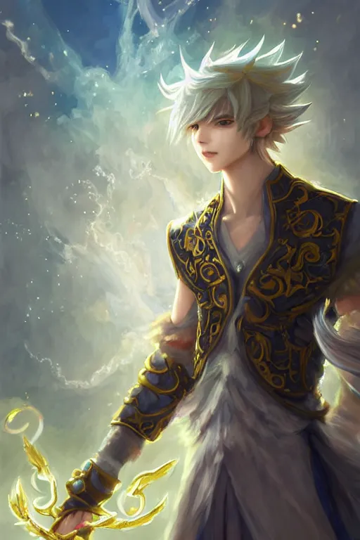 Image similar to fullbody portrait of a young male fit hero with strange hairs, soft smile, baroque cloth, luminous scene, final fantasy and legue of legends champion, by chengwei pan and sakimichan, gradient white to gold, in front of an iridescent magical building background, highly detailed portrait, digital painting, smooth, focus illustration