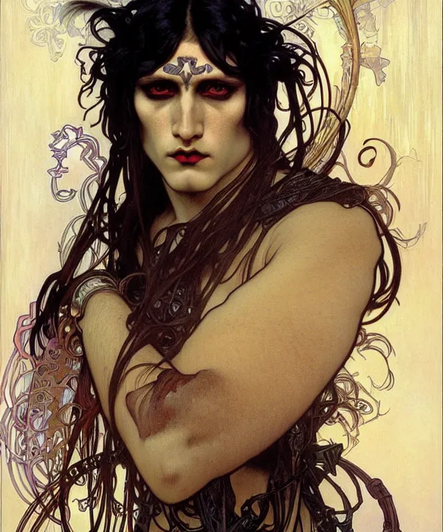 Prompt: realistic detailed face portrait of a handsome goth male crow shaman by alphonse mucha, ayami kojima, amano, greg hildebrandt, and mark brooks, male, masculine, art nouveau, neo - gothic, gothic, character concept design