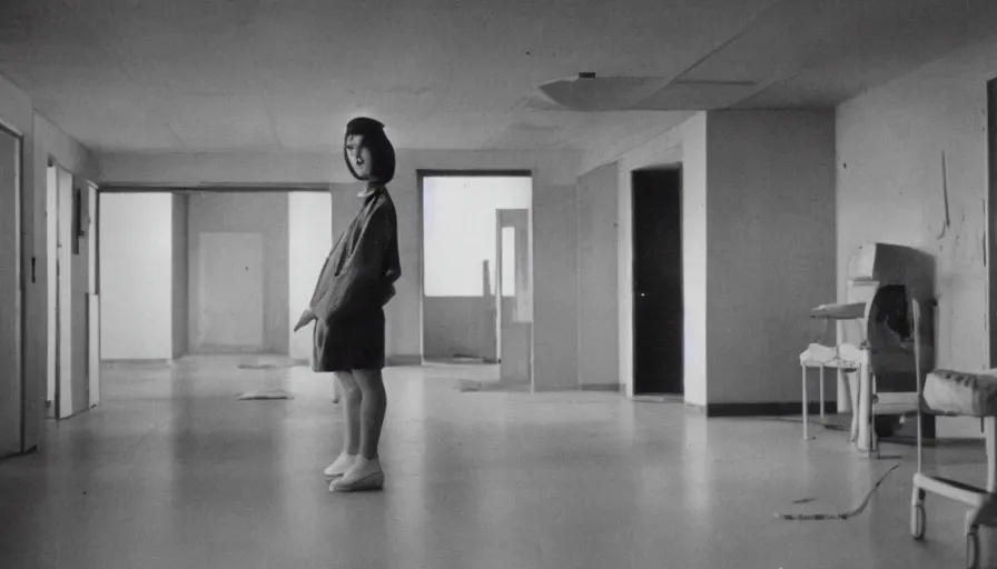 Image similar to 60s movie still of a white japanese female phantom bloody in an empty hospital with light yellow walls, eastmancolor, heavy grain, high quality, higly detailed, liminal space