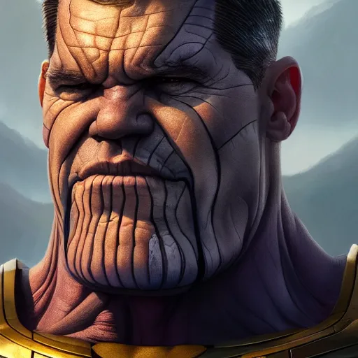 Image similar to josh brolin thanos closeup portrait, dramatic light, lake background, 2 0 0 mm focal length, painted by stanley lau, painted by greg rutkowski, painted by stanley artgerm, digital art, trending on artstation