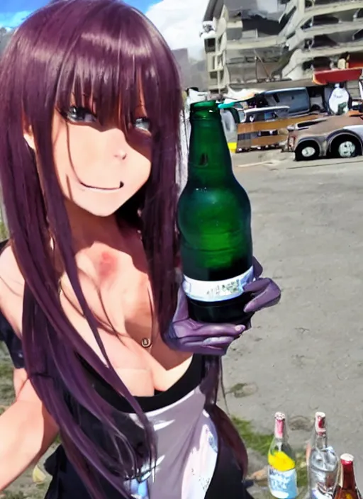 Prompt: anime girl shotgunning beers, getting blackout drunk