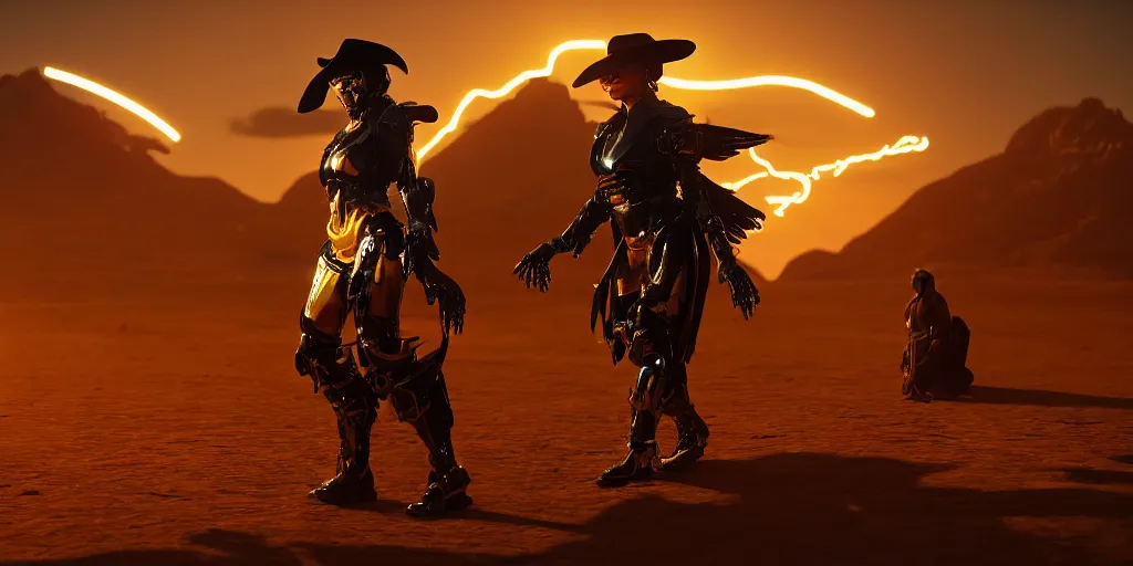 Prompt: Panorama screenshot beautiful female cyborg, super bright gold glowing eyes, wearing a cowboy hat, photographic highly detailed desert, dynamic dramatic golden moody lighting, volumetric lighting, shadows,cinematic atmosphere,Artstation, DAZ, bungie, hyperrealistic 3D digital art,Octane render