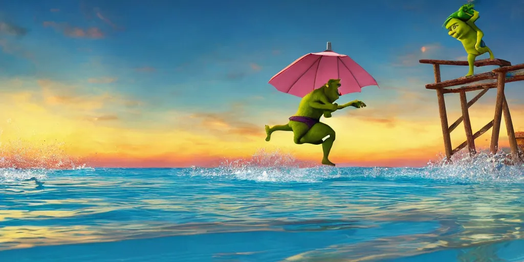 Prompt: Shrek taking running off a diving board into a giant pool, hold a beach towel. Sunset Scene. Beautiful Digital Art. 4K HD Wallpaper. Premium Prints Available