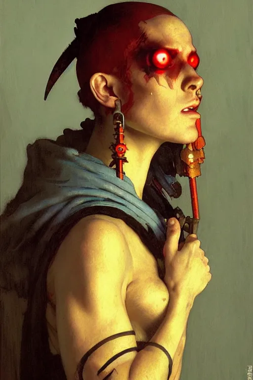 Prompt: full character portrait max mad cyberpunk warhammer 4 0 k, barbarian medic not the girl with the pearl earring character design, painting by gaston bussiere, katsuya terada, nc wyeth, greg rutkowski, craig mullins, vermeer, frank frazetta, mucha, tom of finland, trending on artstation, jeffery catherine jones