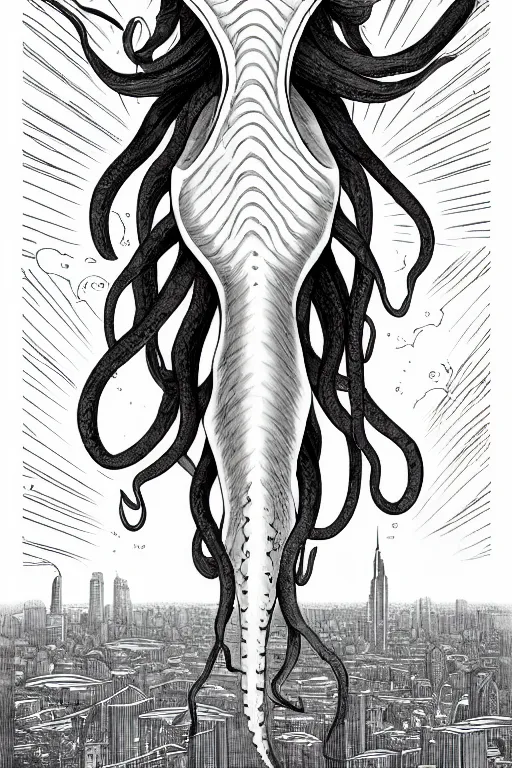 Prompt: comic cover art of a ( very very gigantic squid ) floating in the sky above a metropolitan city, viewed from below, by jenny frison and sana takeda, intricate details, stunning inking lines, flat colors, 4 k, hd, artstation