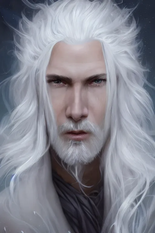 Image similar to white haired robe fu xi full male front body portrait, very long white beard and hair, long hair shawl, fine kindness delicate prefect face features gaze, piercing eye, elegant, style of tom bagshaw, cedric peyravernay, peter mohrbacher, victo nga, 4 k hd illustrative wallpaper, animation style, chinese style