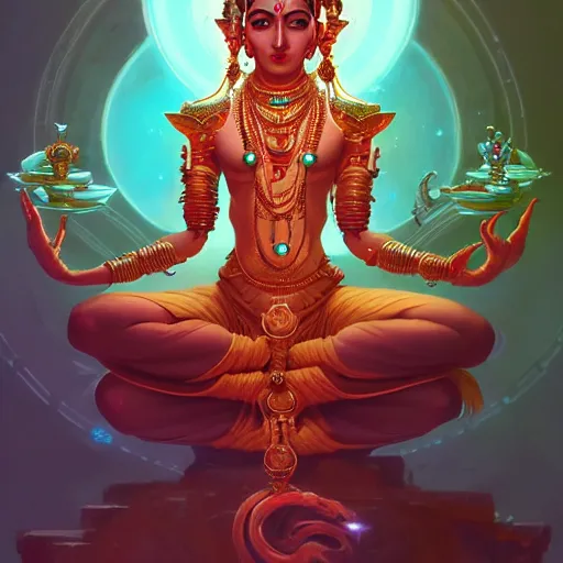 Prompt: portrait of a cybernetic hindu goddess with six arms in lotus pose, art by pete mohrbacher and guweiz and ilya kuvshinov, digital art, highly detailed, intricate, sci - fi, sharp focus, trending on artstation hq, deviantart, unreal engine 5, 4 k uhd image