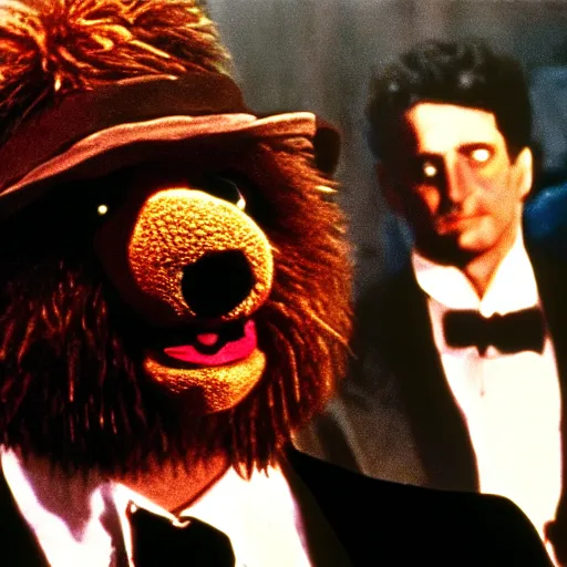 Image similar to fozzie bear in the godfather, 4k, high detail, high-resolution photograph