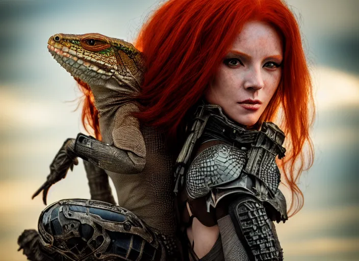 Prompt: 5 5 mm photo of an armored redhead woman with a lizard sitting on her shoulder by luis royo. highly detailed 8 k. intricate. lifelike. soft light. nikon d 8 5 0. cinematic post - processing