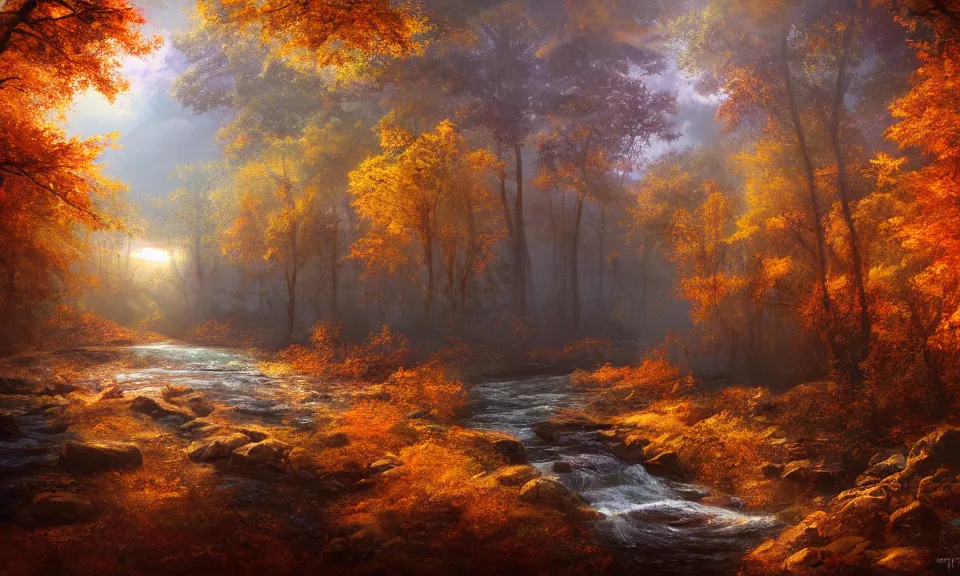 Image similar to river in a forest during the golden hour in autumn, digital art, concept art, fantasy art, highly detailed, hd wallpaper, hdr, artstation, deviantart, behance