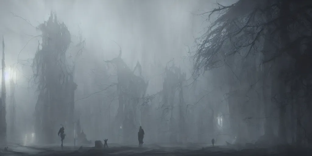 Image similar to fantasy depiction of the realm of shadows shrouded by mist trails, low saturation, high contrast, mostly greyscale, eerie disturbing lighting, in the style of marcin rubinkowski, greg rutkowski, lorenzo lanfranconi, oleg zherebin, trending on artstation