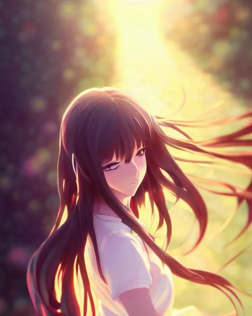 Prompt: anime style, vivid, expressive, full body, 4 k, painting, a cute girl with white skin and a long wavy hair humming a song, stunning, realistic light and shadow effects, centered, simple background, studio ghibly makoto shinkai yuji yamaguchi