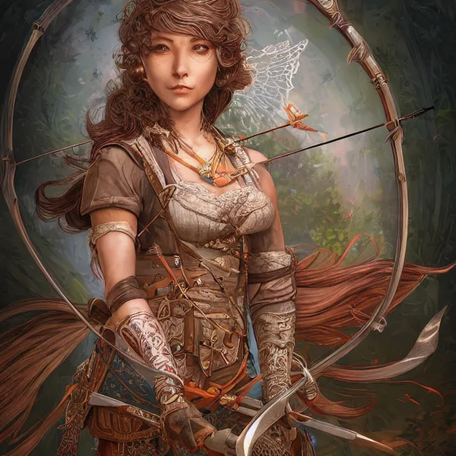 Image similar to the portrait of lawful neutral semi - colorful female archer huntress as absurdly beautiful, gorgeous, elegant, young woman, an ultrafine hyperdetailed illustration by kim jung gi, irakli nadar, intricate linework, bright colors, octopath traveler, final fantasy, unreal engine 5 highly rendered, global illumination, radiant light, detailed and intricate environment