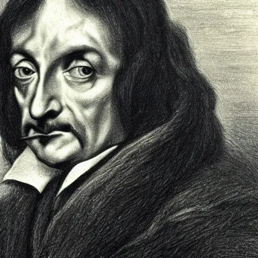 Image similar to Close-up of Descartes, pencil drawing. El Greco, Remedios Varo, Salvador Dali, Carl Gustav Carus, John Atkinson Grimshaw. Blue tint. Symetrical, logo, geometric shapes.