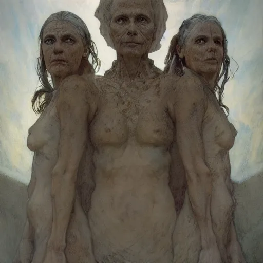 Image similar to hyperrealist portrait of an ancient old three - headed woman standing in a vast empty space with mounds of clay here and there by jeremy mann and alphonse mucha and alan lee, fantasy scifi art, photo realistic, dynamic lighting, artstation, poster, volumetric lighting, very detailed faces, award winning, full face, symmetry