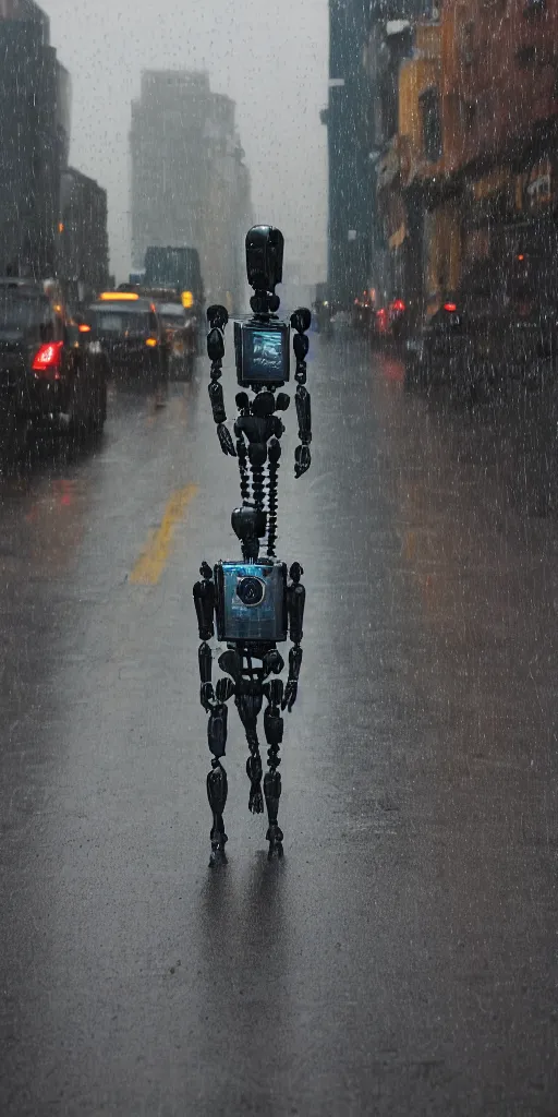 Image similar to robot on the road, city, photo, rain,