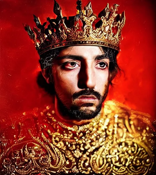 Image similar to 'Portrait of Crowned King Arthur' by Lee Jeffries royally decorated, whirling plasma, atmospheric motes, red and gold Sumptuous garb, gilt silk fabric, radiant colors, fantasy, perfect lighting, studio lit, micro details,