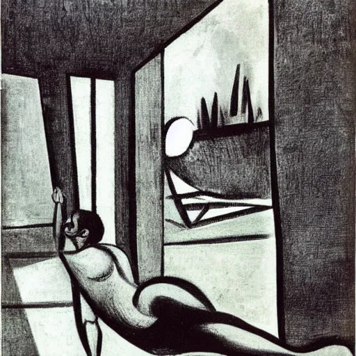 Prompt: a beautiful illustration of a man swimming in a pool. Through the floor-to-ceiling windows, you can see the moonlight outside. by Picasso