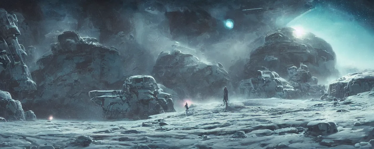 Image similar to lone astronaut exploring outer cybernetic planet covered with ice, art by paul lehr, cinematic, detailed, epic, widescreen, opening, establishing, matte painting, photorealistic, realistic textures, octane render