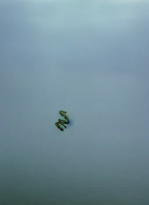Image similar to semi translucent smiling frog amphibian hovering over misty lake in Jesus Christ pose, cinematic shot by Andrei Tarkovsky, paranormal, spiritual, mystical