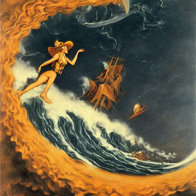 Image similar to a pirate witch summoning a giant wave by remedios varo and art frahm and earl moran and fritz willis and gil elvgren