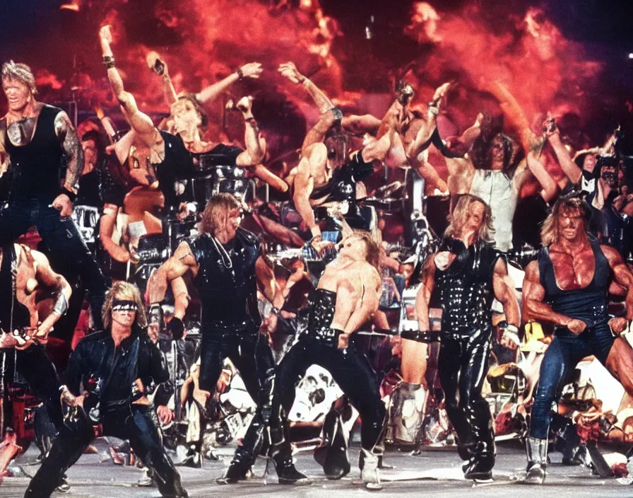 Image similar to colour photo off arnold schwarzenegger, sylvester stallone, dolph lundgren, Chuck Norris and Jean-Claude Van Damme in a heavy metal band, playing guitars, drums, on stage at monsters of rock 1992, pyrotechnics, smoke, vivid colors, daylight, photo real, 28mm, press photograph, wide view, Eastman EXR 50D 5245/7245