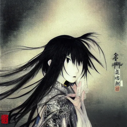 Image similar to yoshitaka amano blurred and dreamy realistic illustration of a japanese woman in anime style with black eyes, wavy white hair fluttering in the wind wearing elden ring armor with engraving, abstract patterns in the background, satoshi kon anime, noisy film grain effect, highly detailed, renaissance oil painting, weird portrait angle, blurred lost edges, three quarter view