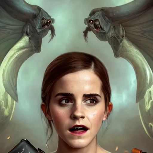 Image similar to a highly detailed matte painting of emma watson as an unbelievably powerful vampire witch, drinking wine, floating in the air doing blood magic, viewed in profile from far away, crackling green lightning, ultrawide lens, art by artgerm and greg rutkowski and alphonse mucha, volumetric lighting, octane render, 4 k resolution, trending on artstation, masterpiece