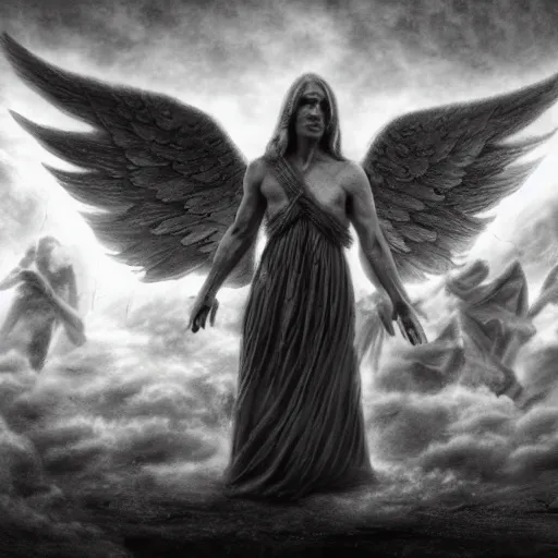 Image similar to mystical heroic angel standing over his fallen army in defeat, pencil drawing, hyper realistic, 4 k,