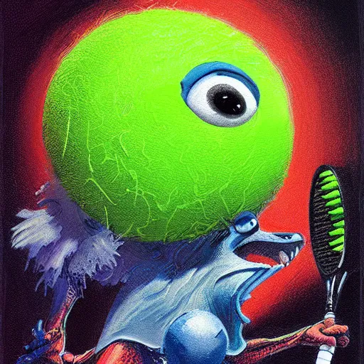 Image similar to a tennis ball monster ,tennis ball,water, chalk, digital art, fantasy, magic, trending on artstation, ultra detailed, professional illustration by Basil Gogos