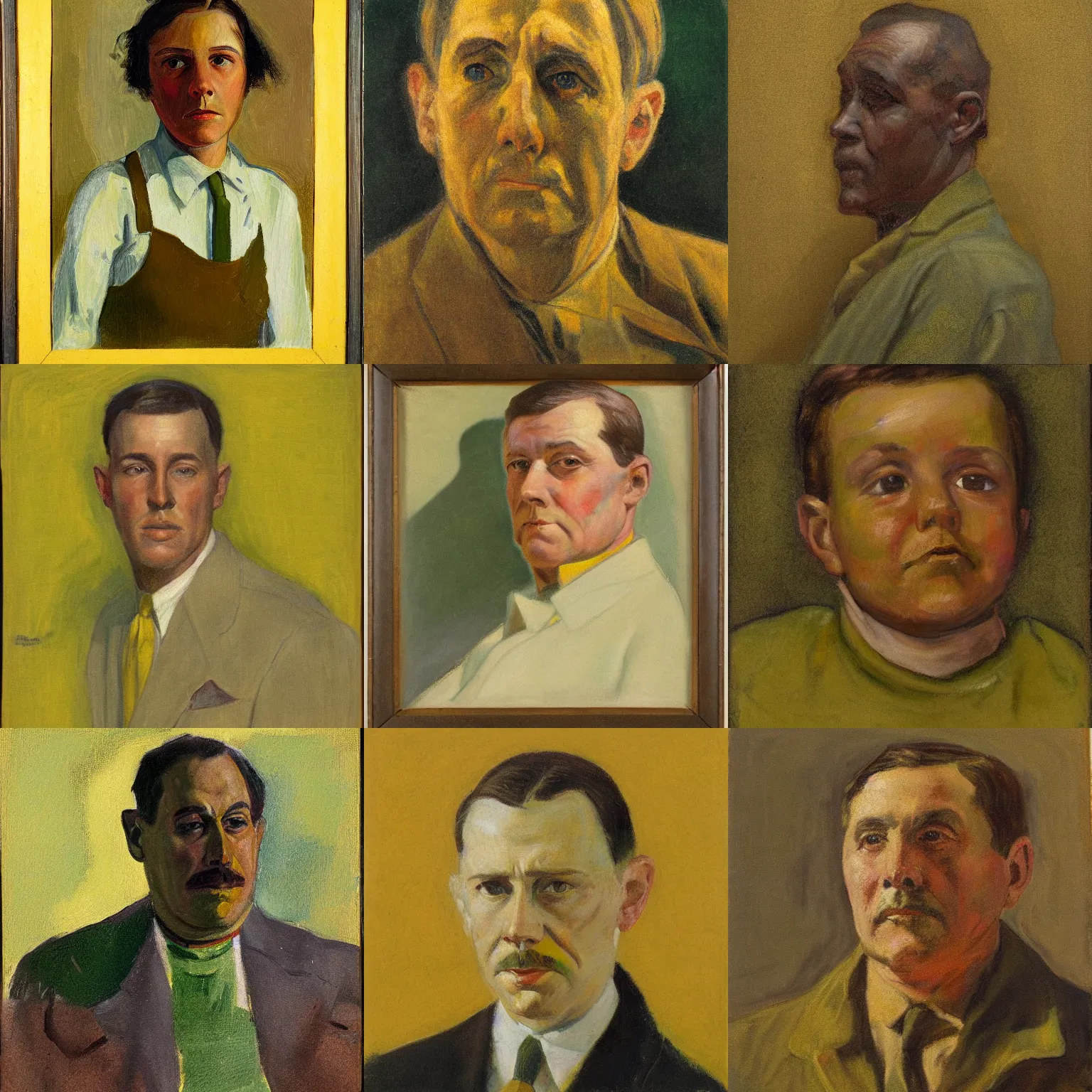 Prompt: portrait in the style of american realism ( 1 9 2 3 ), phthalo green, yellow ochre, and burnt sienna, three - quarters angle, rim lighting