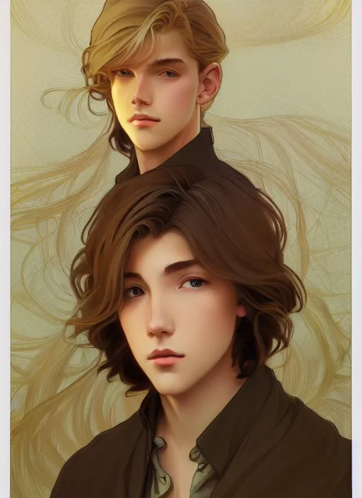 Image similar to pretty young man with shoulder length shiny shimmering golden blond hair, path traced, highly detailed, high quality, digital painting, by studio ghibli and alphonse mucha, leesha hannigan, makoto shinkai, disney