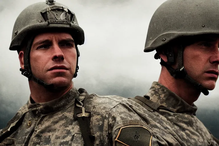 Prompt: a cinematic headshot photograph of a soldier, stormy weather, dry, film still, cinematic, dramatic lighting, blue color theme, by zack snyder